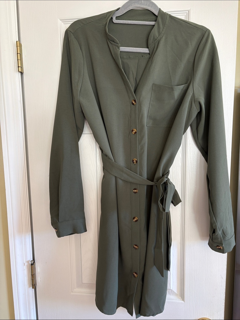 SHEIN Olive Green Long Sleeve Shirt Dress with Tie Waist